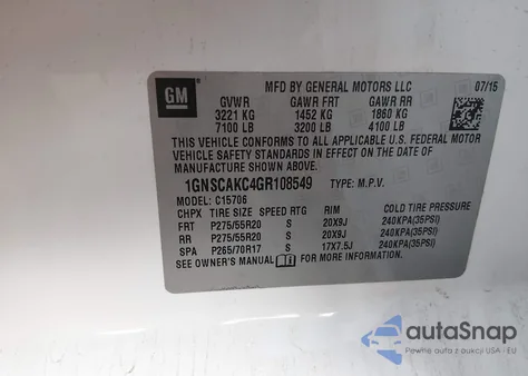 2016 Chevrolet Tahoe Ls z USA, uszkodzony, nr VIN 1GNSCAKC4GR108549